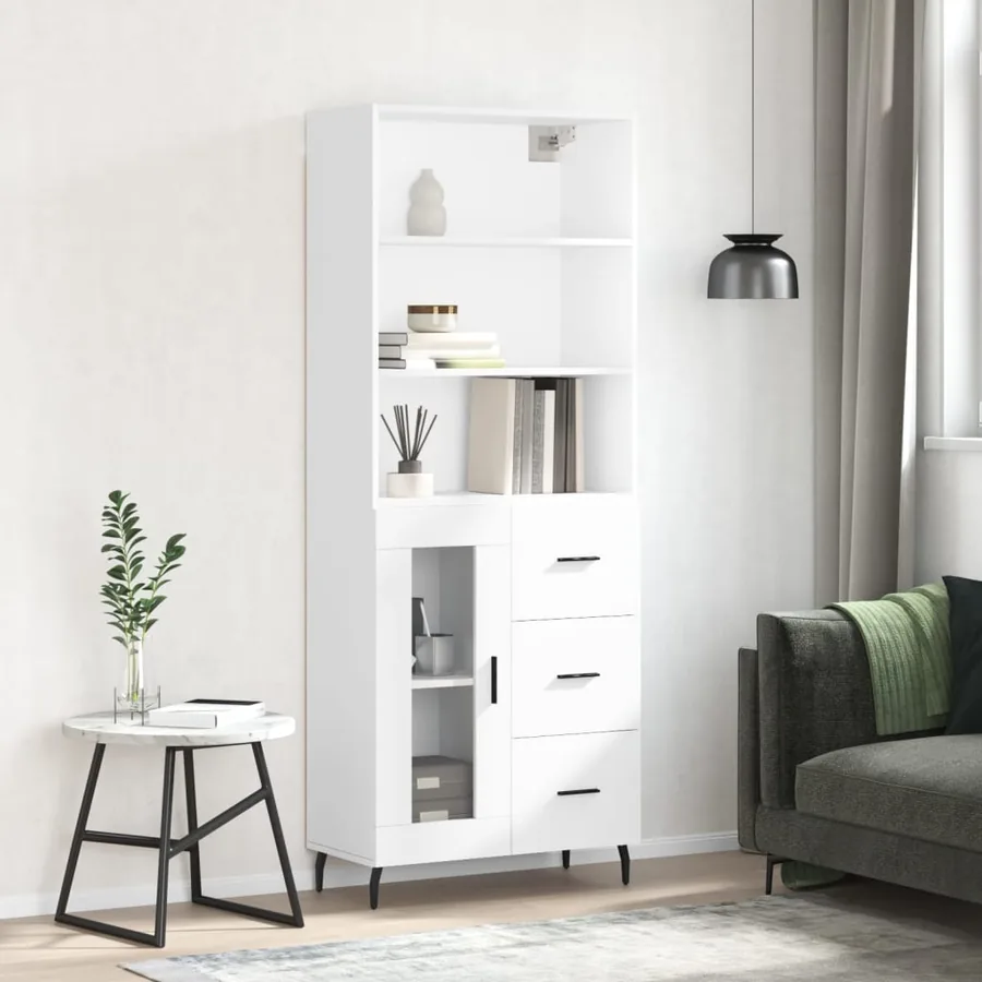 Buffet haut Blanc brillant 69,5x34x180 cm Bois d'ingénierie