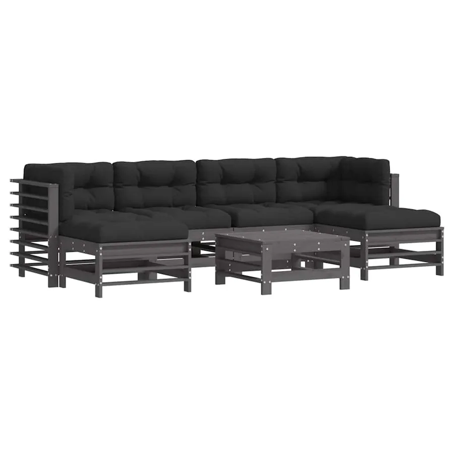 Salon de jardin 7 pcs avec coussins gris bois massif - 2