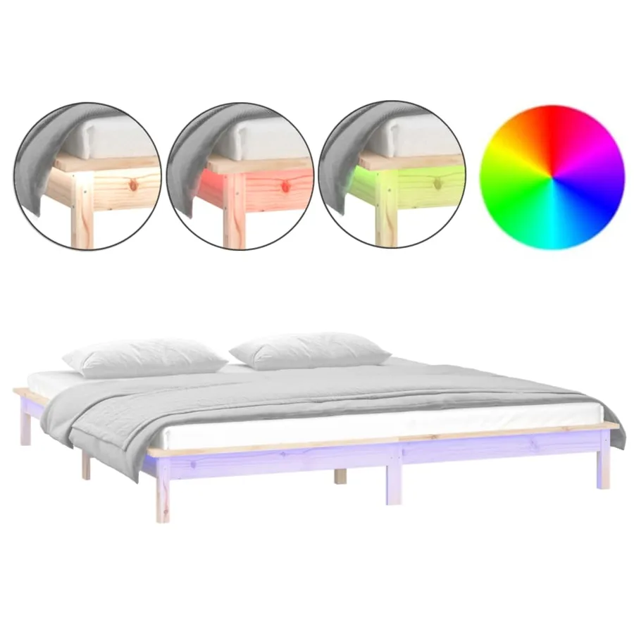 Cadre de lit à LED sans matelas 135x190 cm bois massif - 2