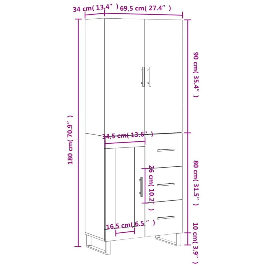 Buffet haut Blanc 69,5x34x180 cm Bois d'ingénierie - 14