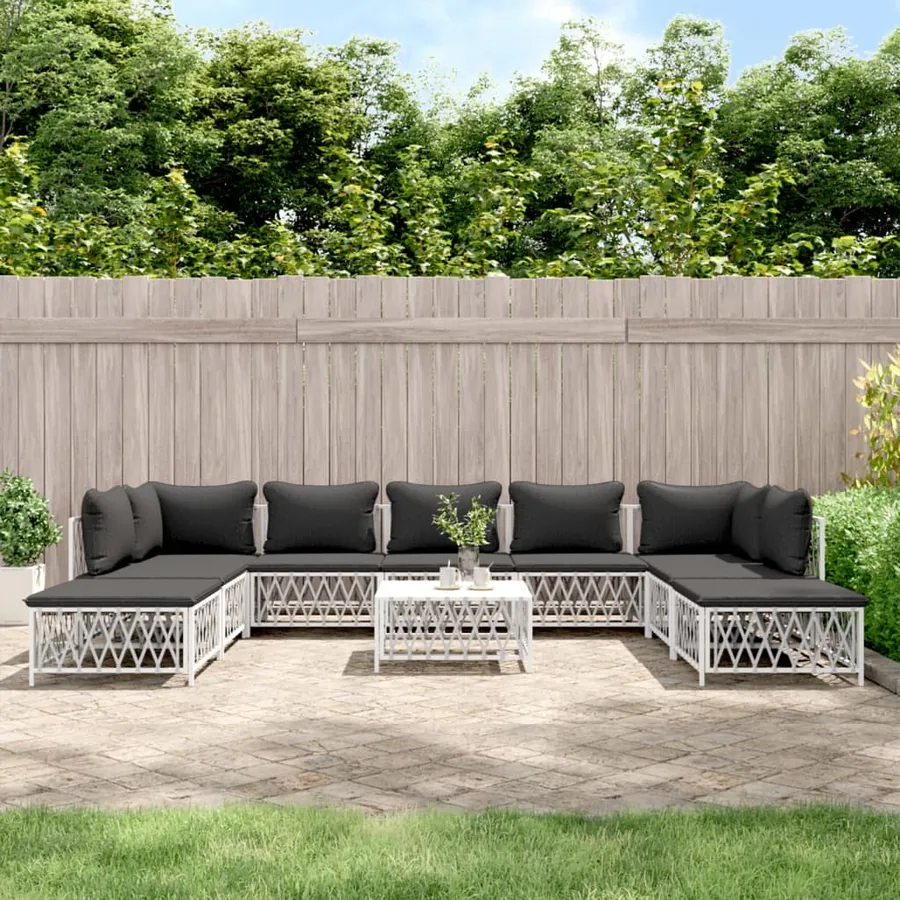 Salon de jardin avec coussins 10 pcs blanc acier