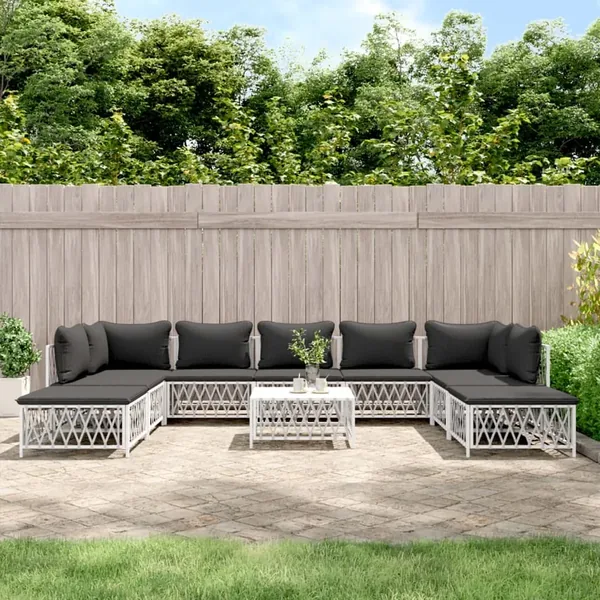 Salon de jardin avec coussins 10 pcs blanc acier