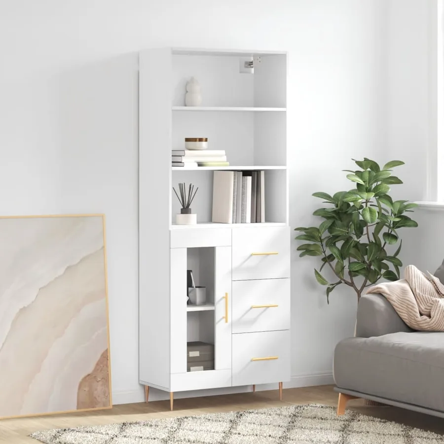 Buffet haut Blanc brillant 69,5x34x180 cm Bois d'ingénierie