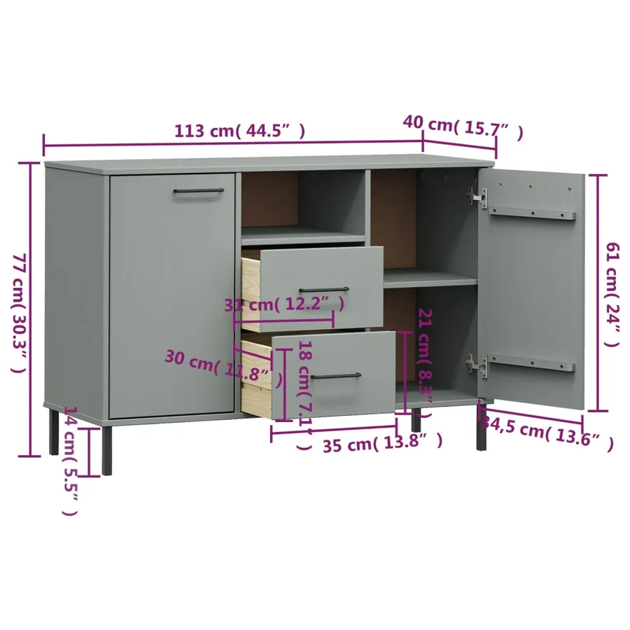 Buffet avec pieds en métal Gris 113x40x77 cm Bois massif OSLO - 8