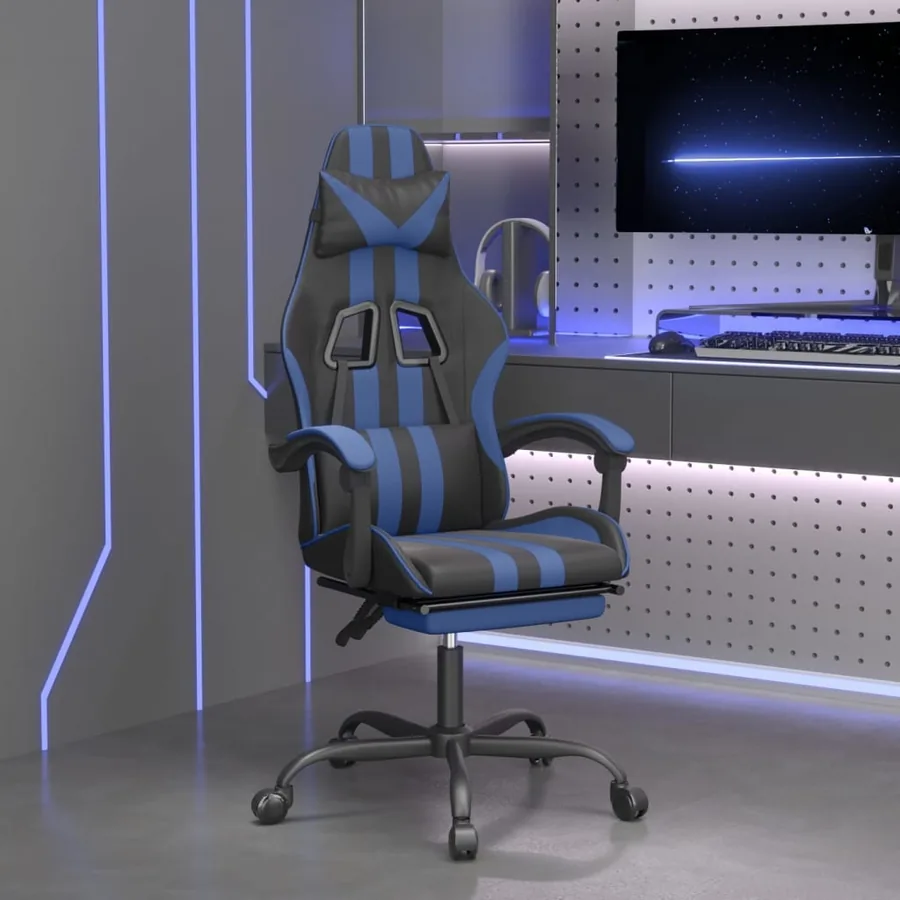 Chaise de jeu pivotante et repose-pied Noir et bleu Similicuir
