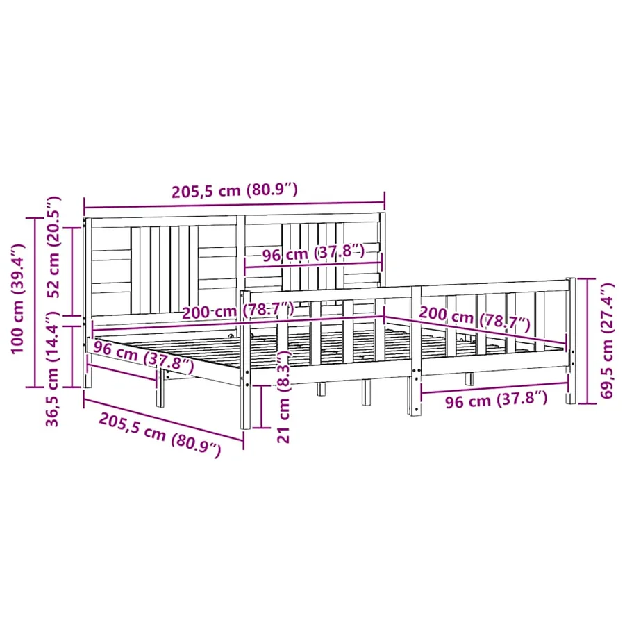 Cadre de lit sans matelas noir 200x200 cm bois massif de pin - 12