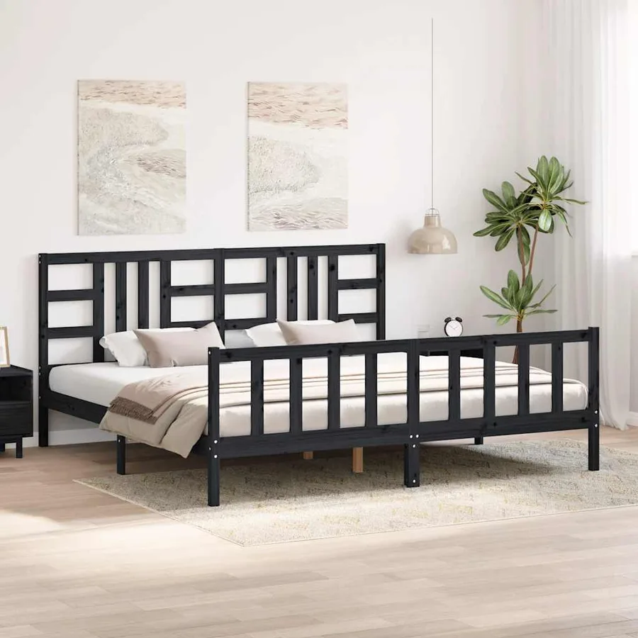 Cadre de lit sans matelas noir 200x200 cm bois massif de pin - 4