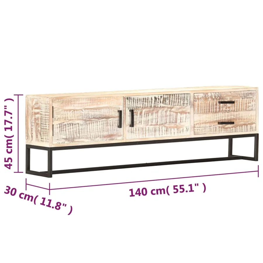 Meuble TV Blanc 140 x 30 x 45 cm Bois d'acacia massif - 7