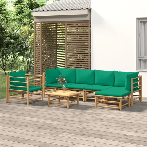 Salon de jardin 7 pcs avec coussins vert bambou