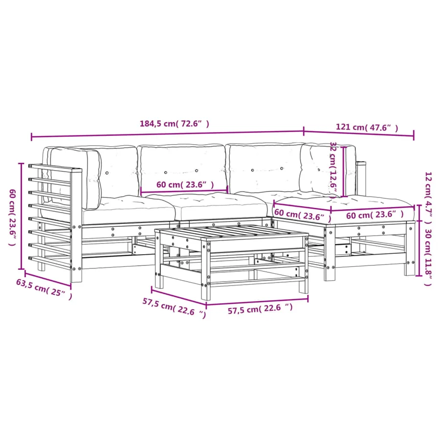 Salon de jardin 5 pcs avec coussins bois massif - 9