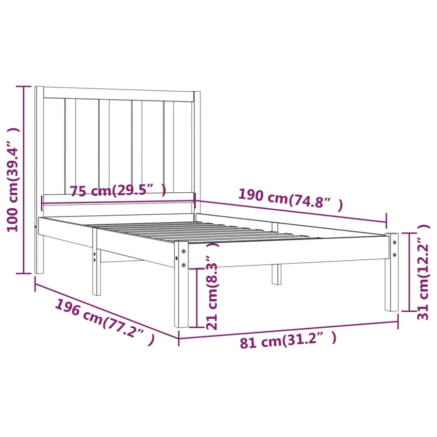 Cadre de lit sans matelas blanc bois de pin massif 75x190 cm - 6