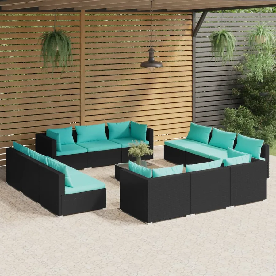 Salon de jardin 13 pcs avec coussins Résine tressée Noir