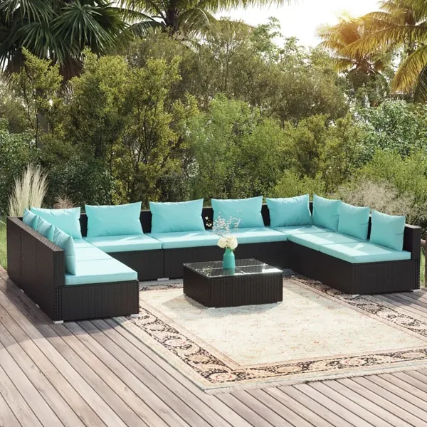Salon de jardin 10 pcs avec coussins Résine tressée Noir
