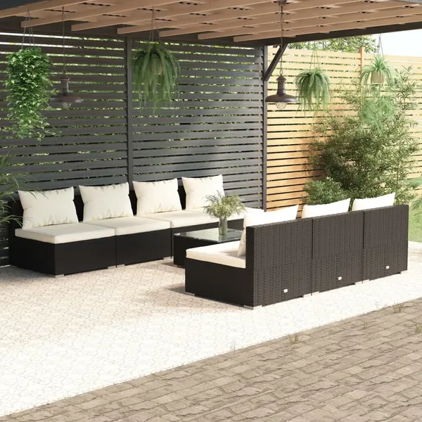 Salon de jardin 8 pcs avec coussins résine tressée noir