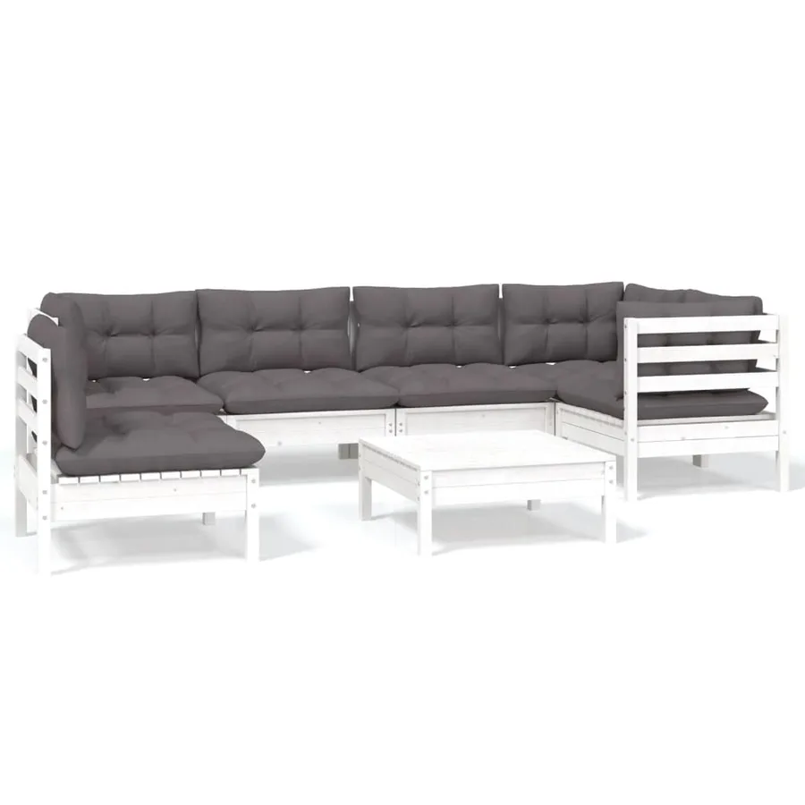 Salon de jardin 7 pcs avec coussins blanc bois de pin - 2