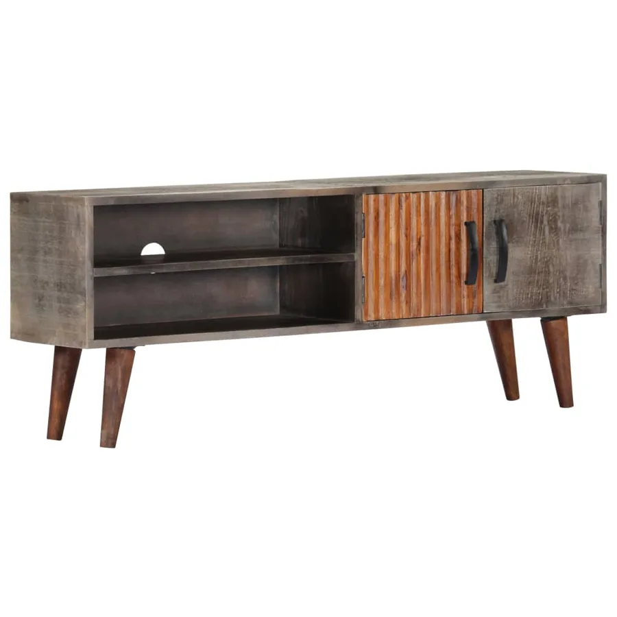 Meuble TV Gris 130x30x46 cm Bois massif de manguier brut - 11