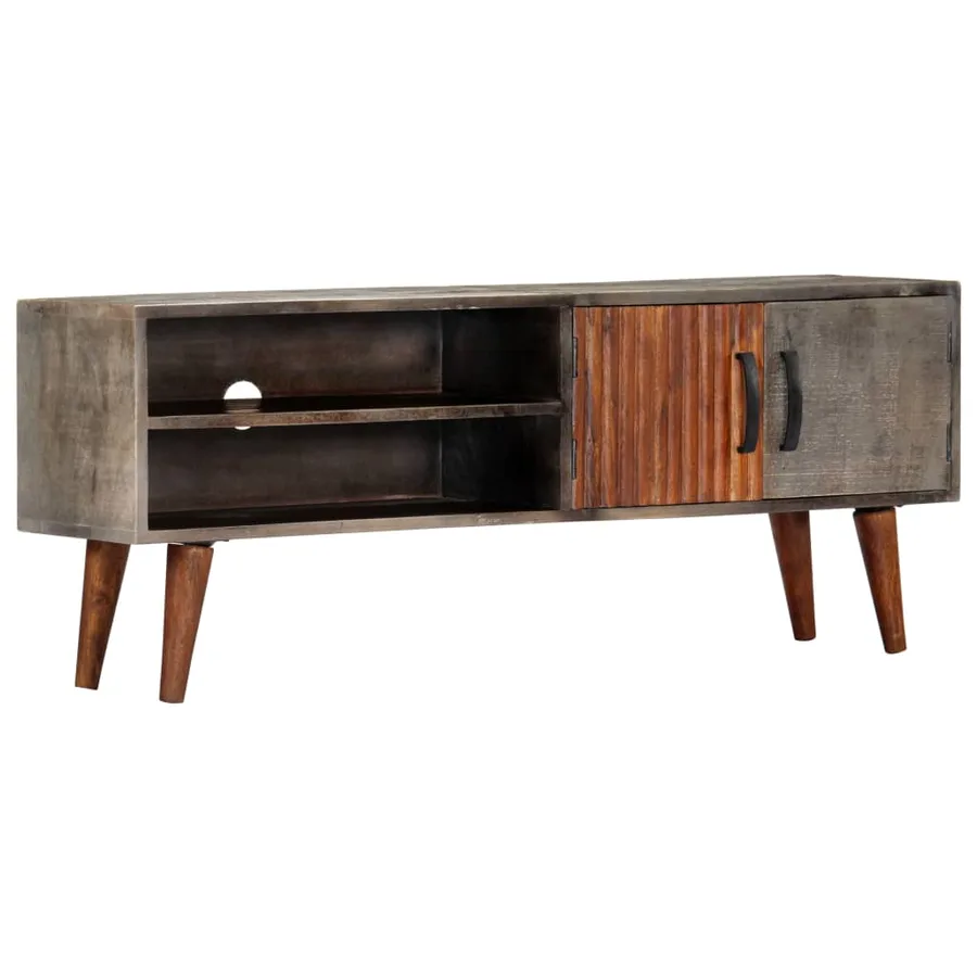 Meuble TV Gris 130x30x46 cm Bois massif de manguier brut - 12
