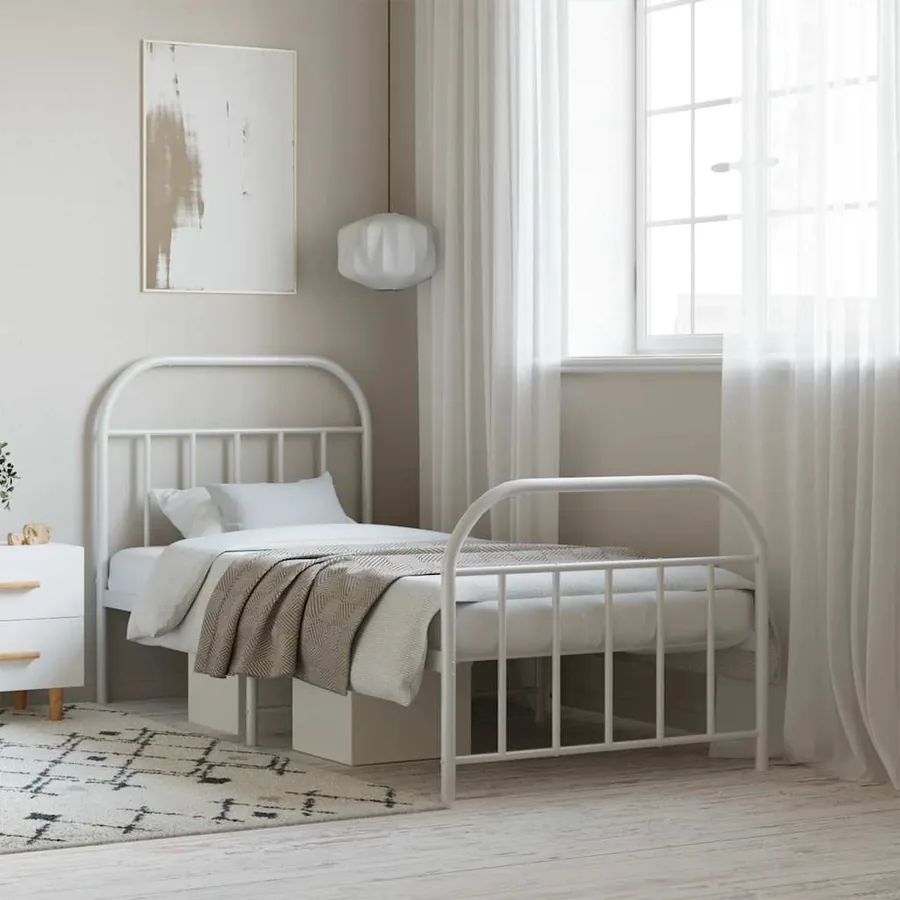 Cadre de lit métal sans matelas avec pied de lit blanc 90x190cm