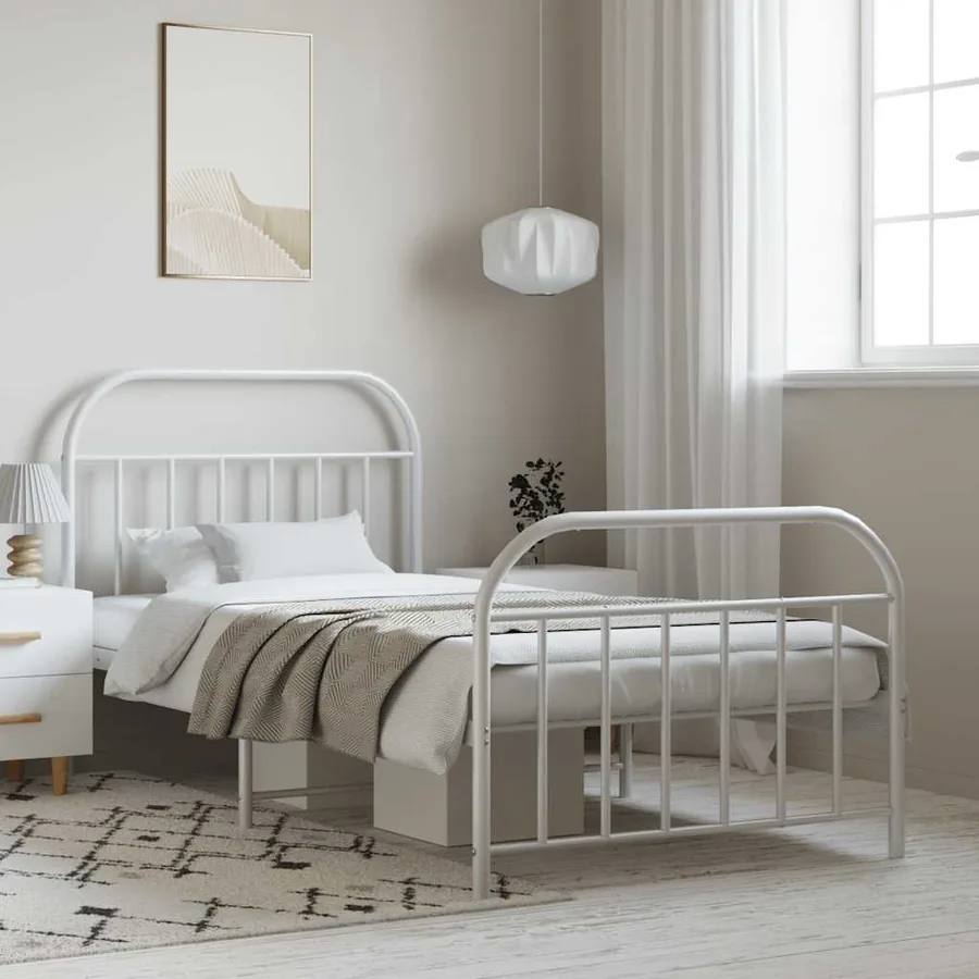 Cadre de lit métal sans matelas et pied de lit blanc 100x190 cm