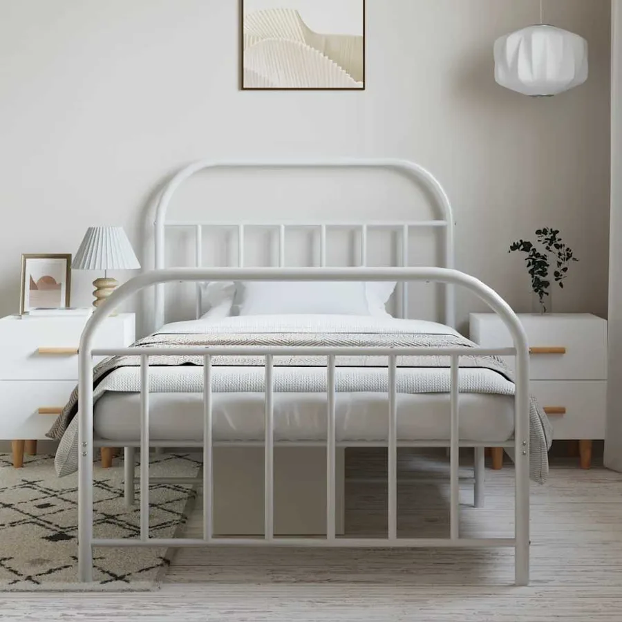 Cadre de lit métal sans matelas et pied de lit blanc 100x190 cm - 4