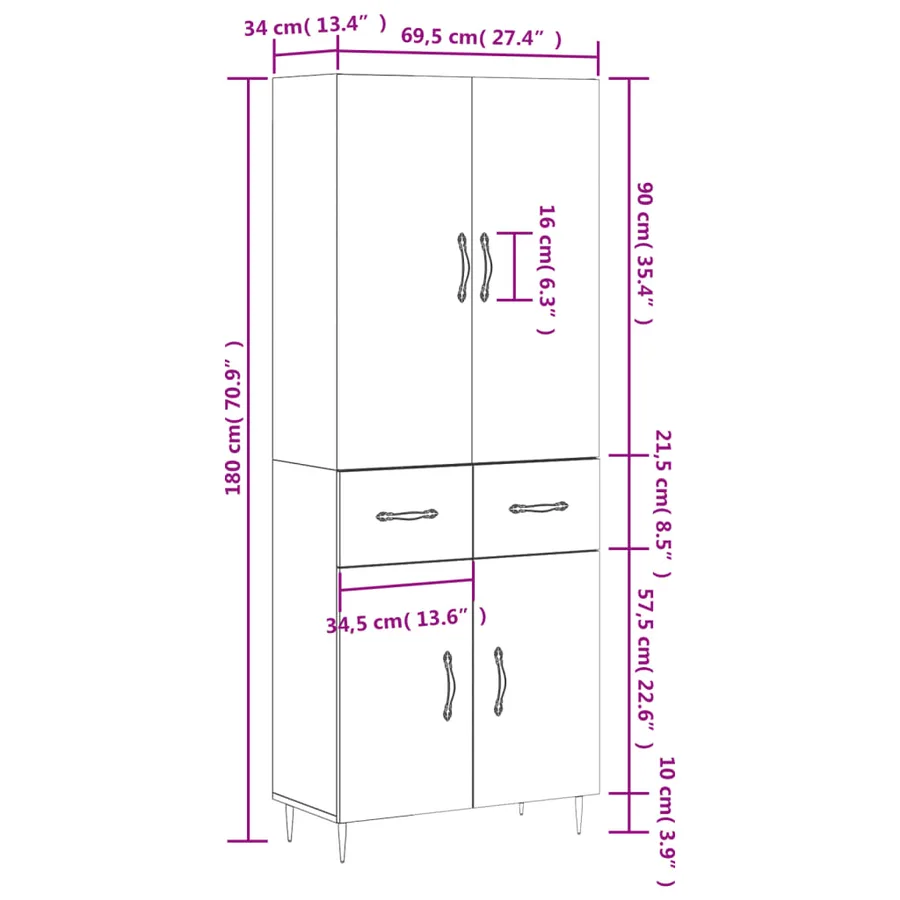 Buffet haut Sonoma gris 69,5x34x180 cm Bois d'ingénierie - 14