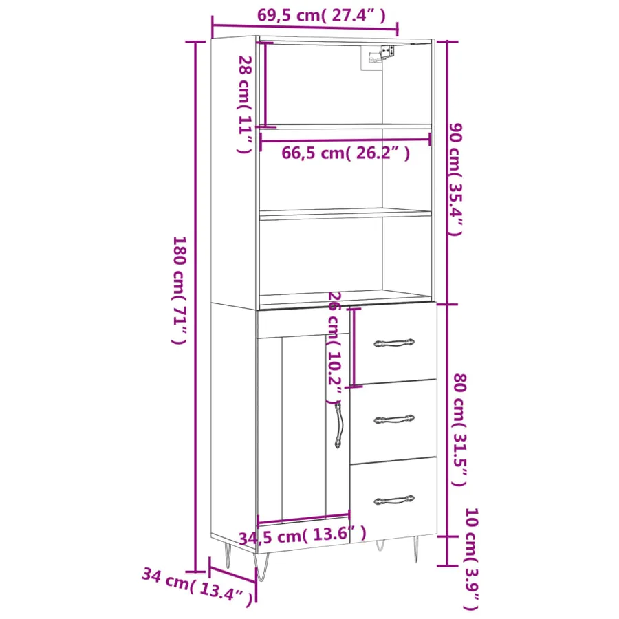 Buffet haut Noir 69,5x34x180 cm Bois d'ingénierie - 14