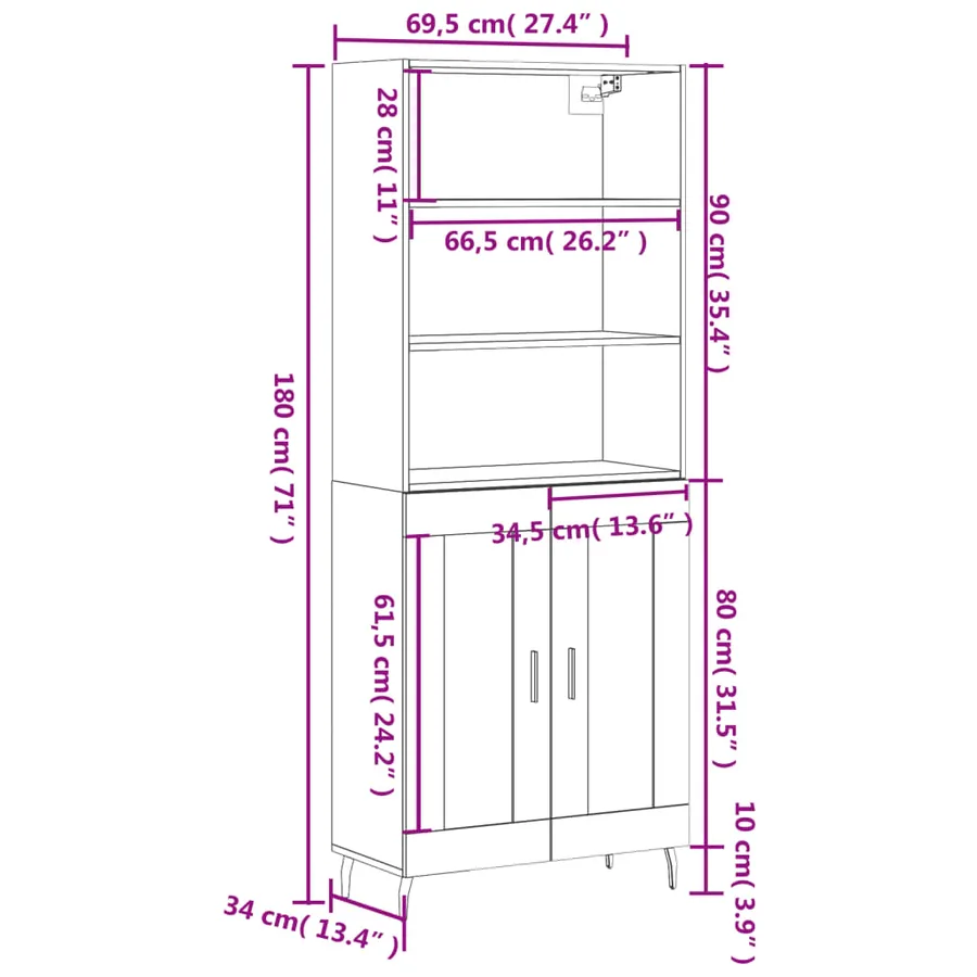 Buffet haut Blanc 69,5x34x180 cm Bois d'ingénierie - 13