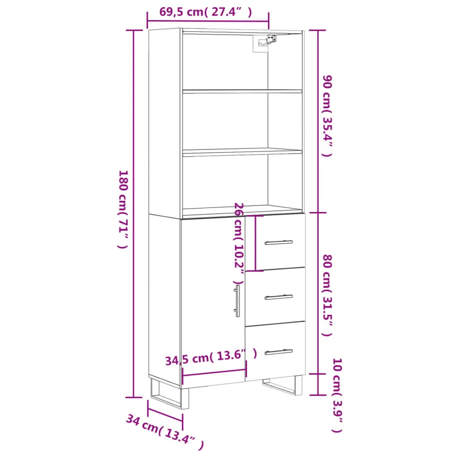 Buffet haut Blanc 69,5x34x180 cm Bois d'ingénierie - 14