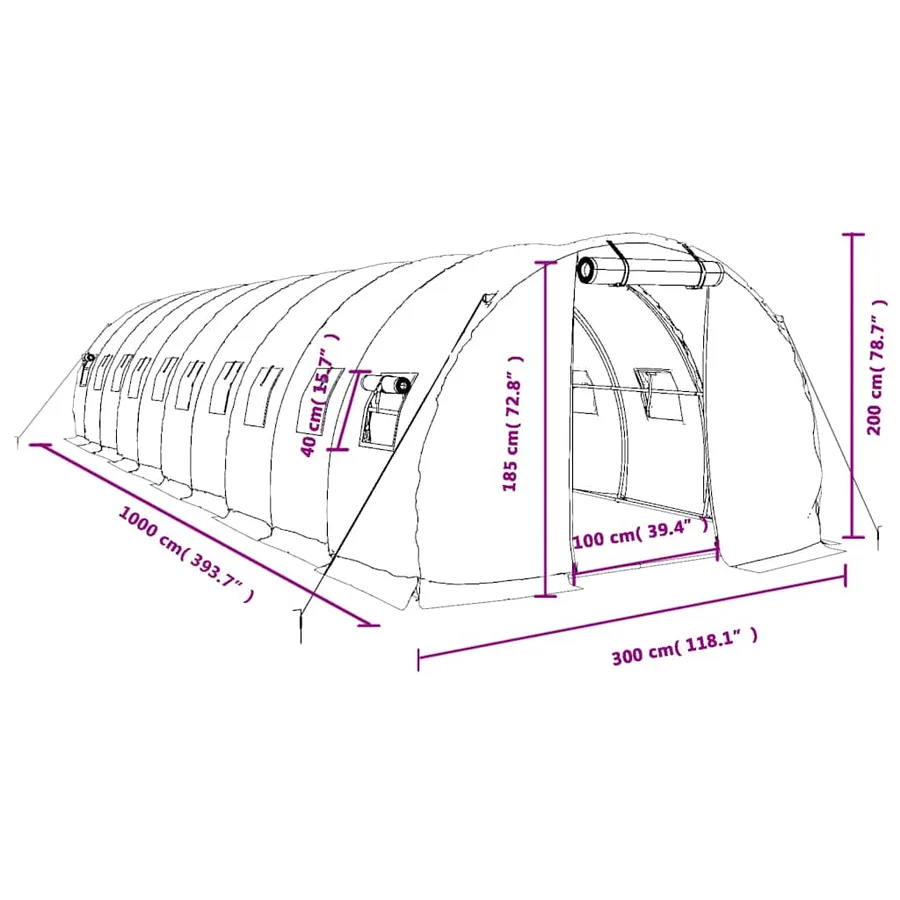 Serre avec cadre en acier blanc 30 m² 10x3x2 m - 12