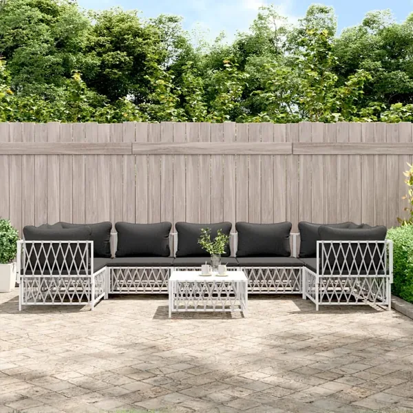 Salon de jardin 8 pcs avec coussins blanc acier