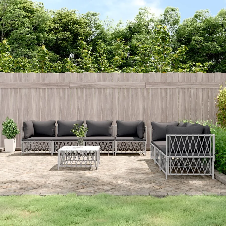 Salon de jardin 8 pcs avec coussins blanc acier