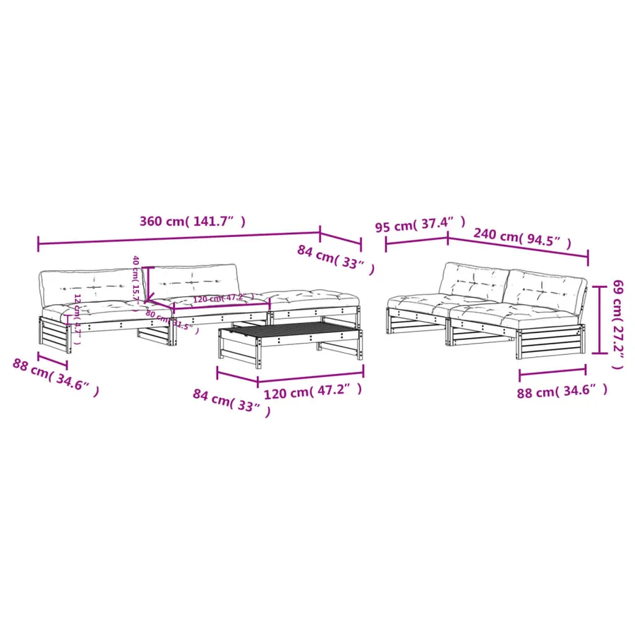 Salon de jardin 6 pcs avec coussins blanc bois massif - 8