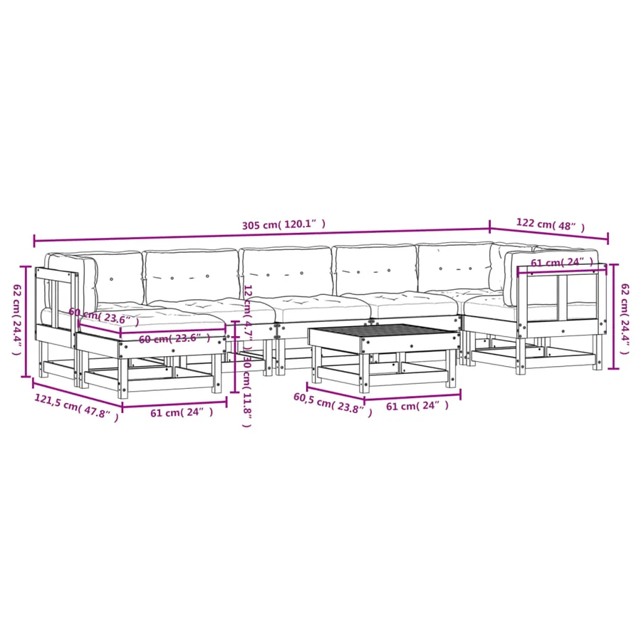 Salon de jardin 8 pcs avec coussins bois massif douglas - 9