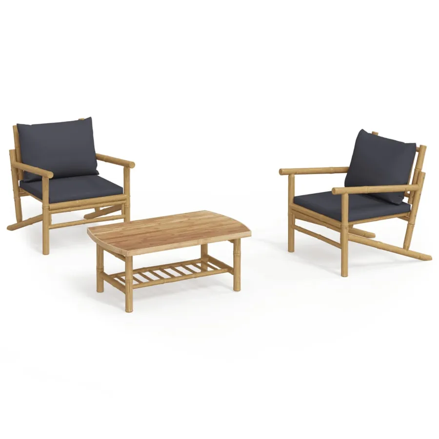 Salon de jardin 3 pcs avec coussins gris foncé bambou - 2