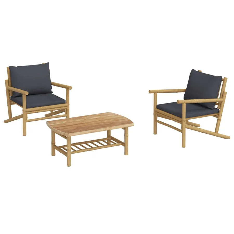 Salon de jardin 3 pcs avec coussins gris foncé bambou - 3