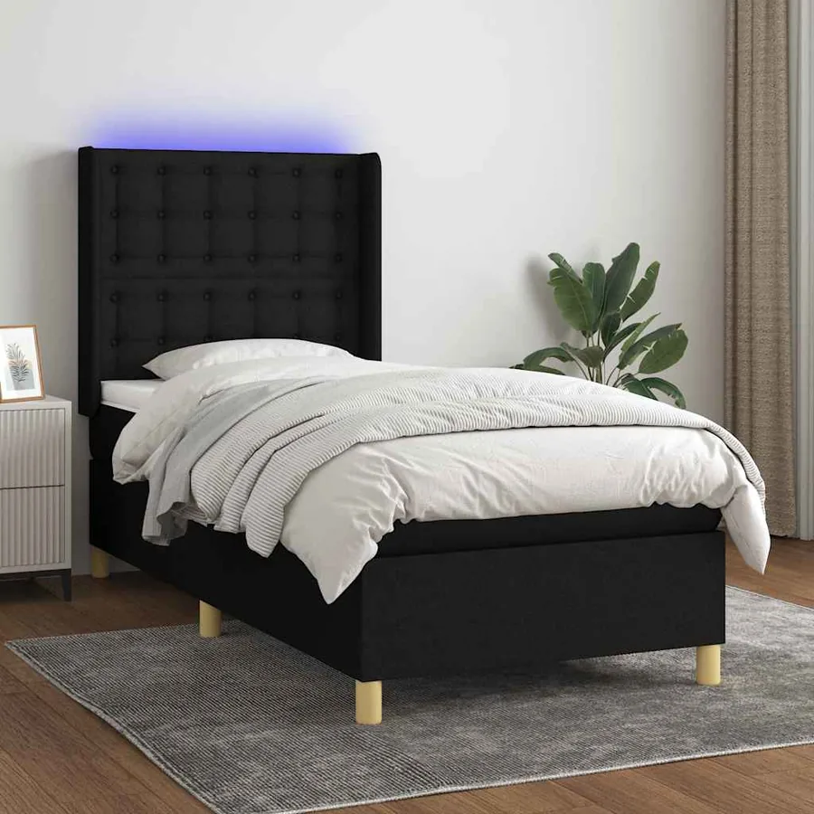 Sommier à lattes de lit matelas et LED Noir 100x200 cm Tissu