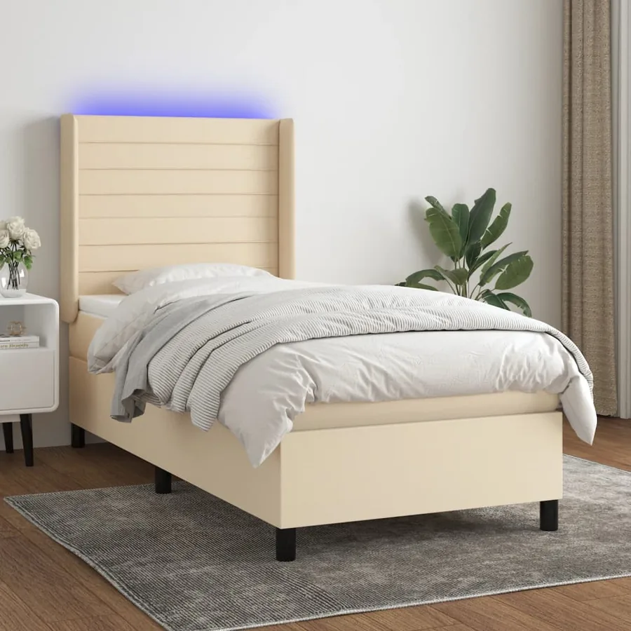 Sommier à lattes de lit matelas et LED Crème 90x200 cm Tissu
