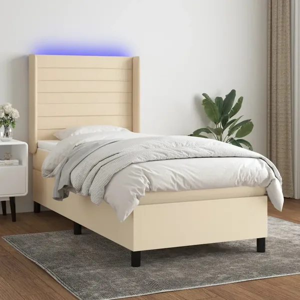 Sommier à lattes de lit matelas et LED Crème 90x200 cm Tissu