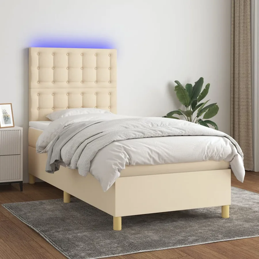 Sommier à lattes de lit et matelas et LED Crème 90x190 cm Tissu