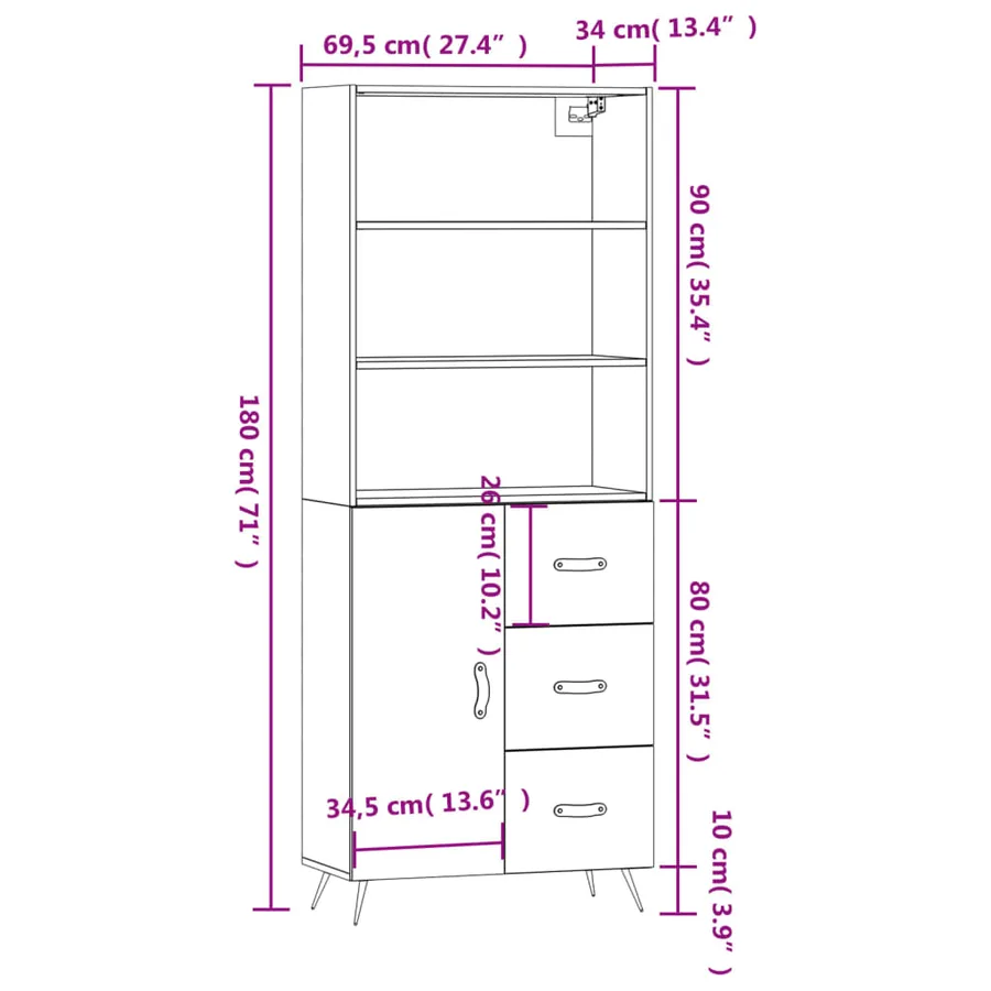 Buffet haut Blanc 69,5x34x180 cm Bois d'ingénierie - 14