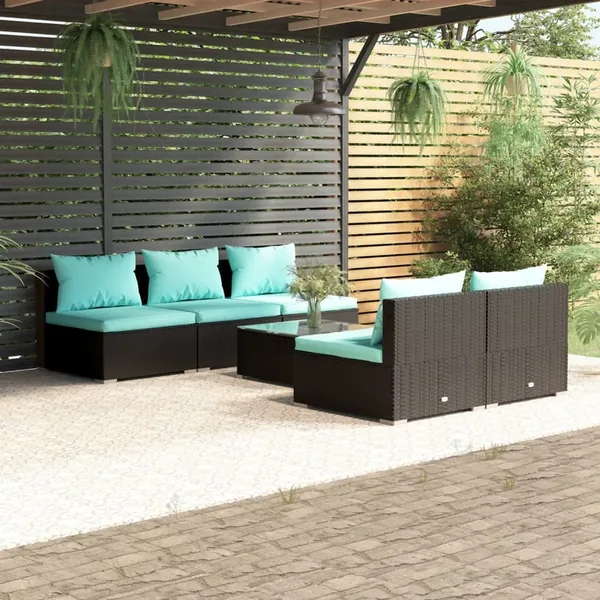 Salon de jardin 6 pcs avec coussins résine tressée noir