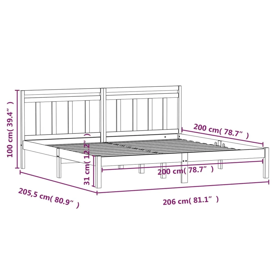 Cadre de lit sans matelas noir bois massif 200x200 cm - 9