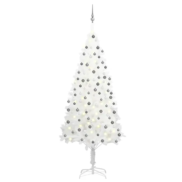 Arbre de Noël artificiel pré-éclairé et boules blanc 210 cm