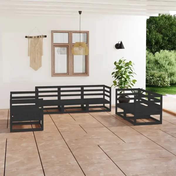 Salon de jardin 7 pcs noir bois de pin massif