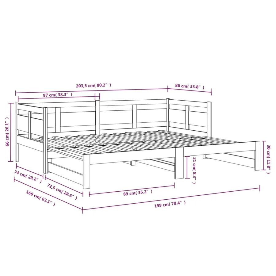 Lit coulissant sans matelas bois de pin solide 2x(80x200) cm - 11