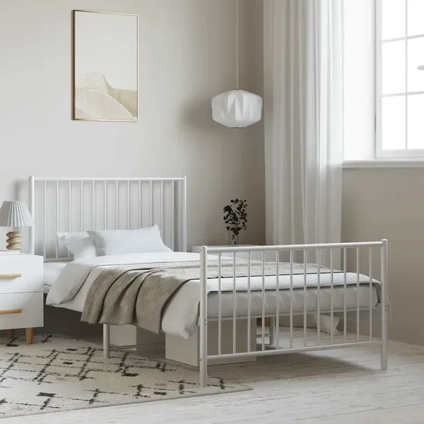 Cadre de lit métal sans matelas et pied de lit blanc 100x190 cm