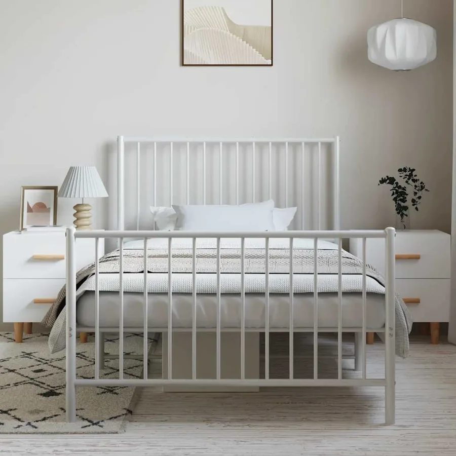 Cadre de lit métal sans matelas et pied de lit blanc 100x190 cm - 3