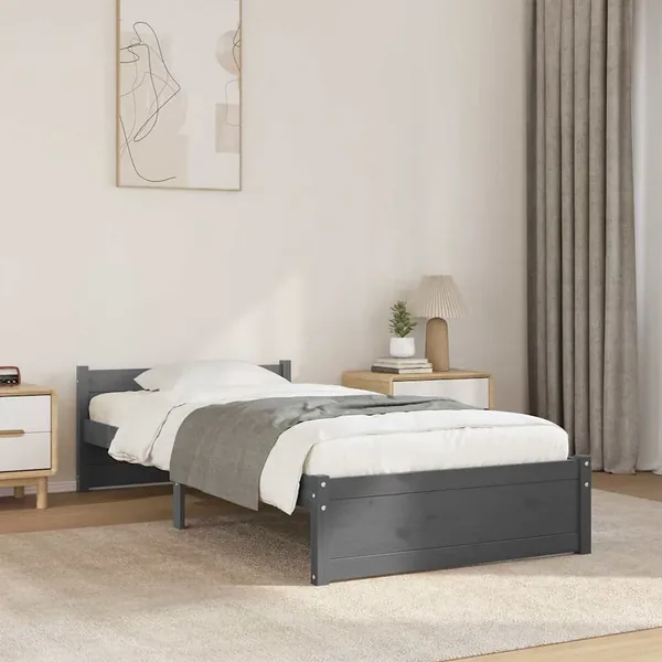 Cadre de lit sans matelas gris bois massif 75x190 cm