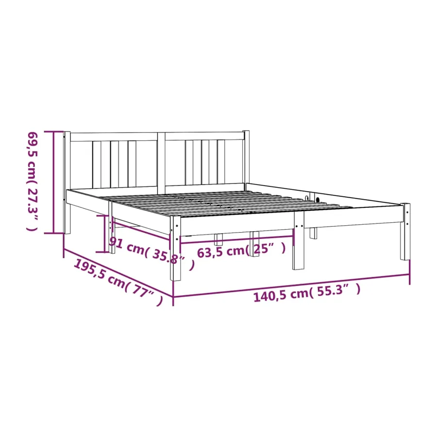 Cadre de lit sans matelas gris bois massif 135x190 cm - 9
