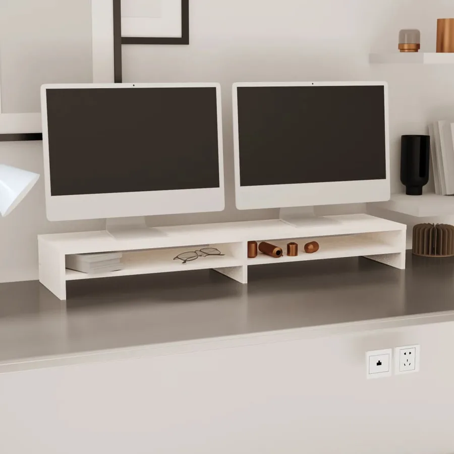 Support de moniteur Blanc 100x24x13 cm Bois de pin solide - 3